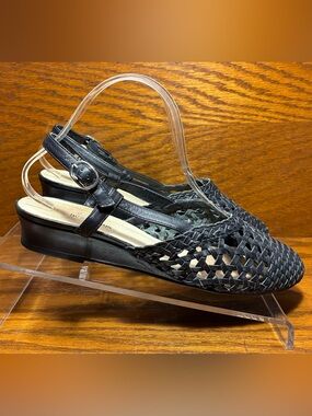 Ros Hommerson Woven Leather Slingback Wedge Shoes Black 8WW Extra Wide